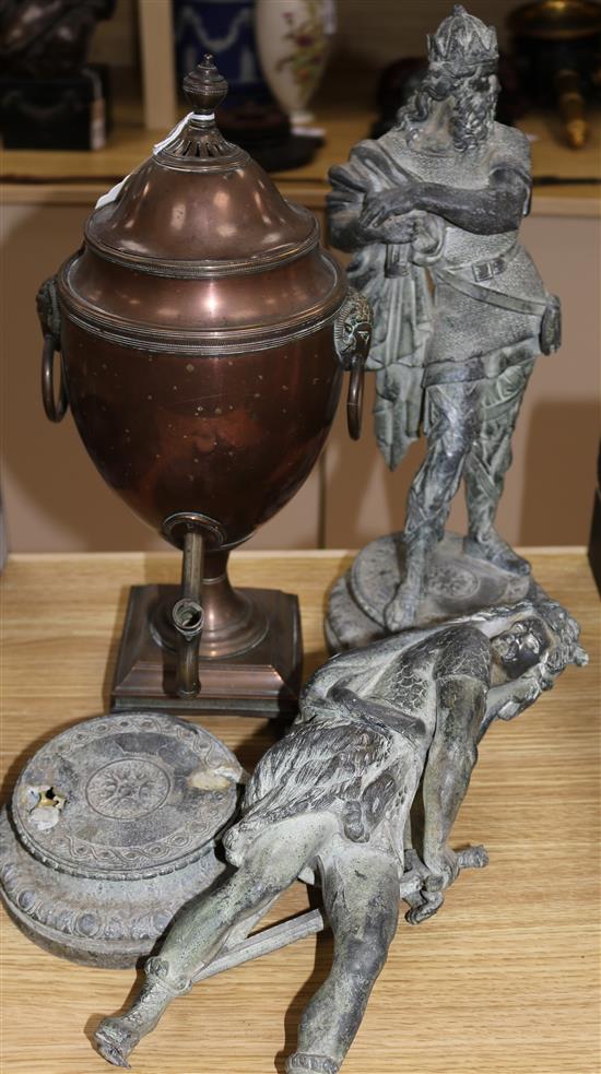 A pair of spelter figures (one a.f.) and a plated tea urn